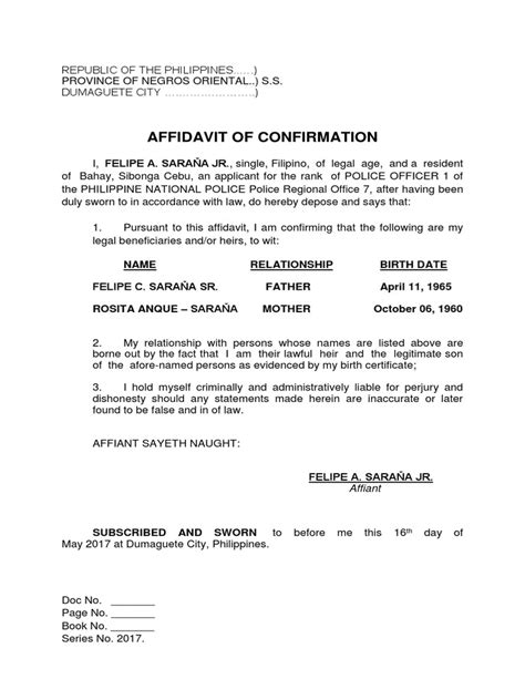 affidavit of confirmation pnp applicant|Affidavit of Confirmation PNP .